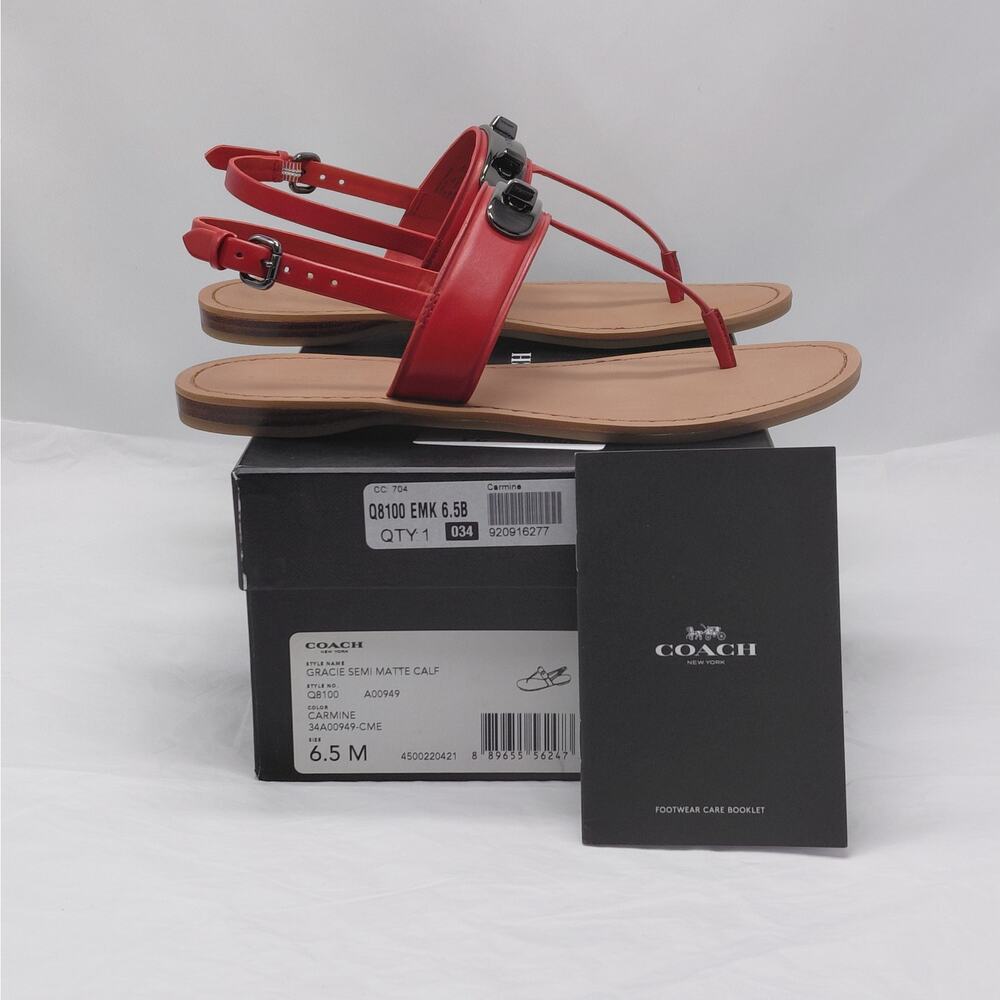 Coach Womens Sandals 6.5B Red Gracie Thong Flat Leather Strappy Summer Preppy